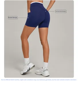 Detailansicht der dunkelblauen Yoga-Shorts mit Seitentasche und Ruched-Butt-Effekt