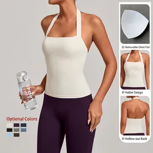 Débardeur de yoga licou pour femme avec coussinets amovibles et dos évidé