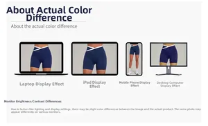 Farbdarstellung der blauen Yoga-Shorts auf verschiedenen Bildschirmen und digitalen Geräten