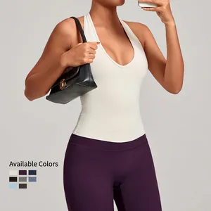 Débardeur de yoga dos nu col en V pour femme avec leggings de sport moulants vue miroir