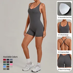 Cross-back yoga bodysuit in dark grey with U-neckline and removable chest pads