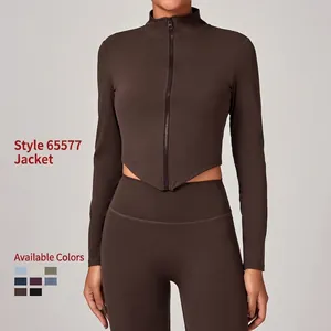 Veste de Yoga à Manches Longues pour Femmes Col Montant avec Fermeture Éclair Coupe Slim Haut de Sport pour Course et Fitness