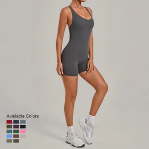 Slim fit backless yoga bodysuit in dark gray with multiple color swatches displayed