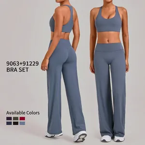 Dames Hoge Taille Yoga Set Nylon Elastaan Effen Kleur Strak Workout Gym Fitness Top And Bottom Met Wijde Pijpen Broek