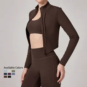 Ensemble yoga femme veste à col montant et legging taille haute couleur café noir