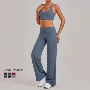 Dames yoga set met sport crop top en wijde broek met hoge taille in de kleur mistblauw