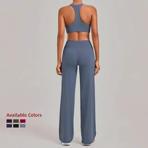 Dames 2-delige yogaset met racerback bh en high-waist flared broek in blauw