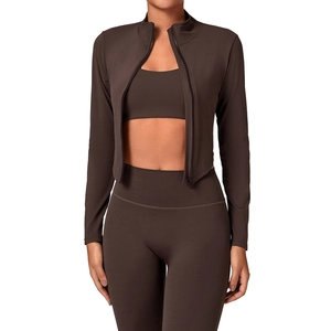 Ensemble de yoga 3 pièces marron foncé pour femme avec veste zippée, brassière et legging