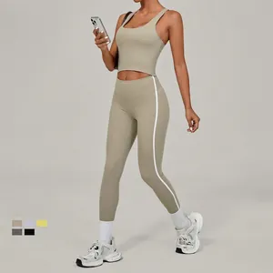 Women Nylon Spandex Yoga Set Racerback Crop Tank Top And High Waist Side Stripe Leggings Activewear Suit For Gym