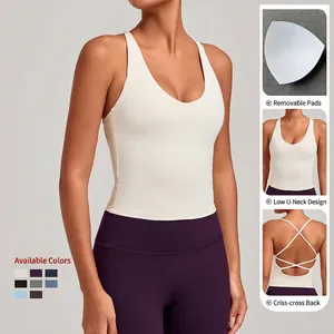 Brassière de sport yoga blanc crème avec dos croisé et coussinets amovibles
