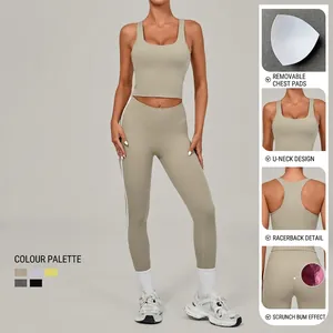 Women's 2-piece seamless yoga set with U-neck bra and high waist leggings in khaki green