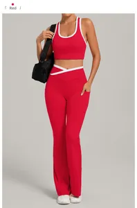 Detail view of red yoga set featuring V-shape crossover waistband and side pockets