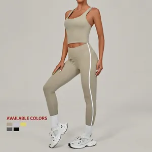 Women's two-piece seamless yoga set with racerback top and high-waist sand-colored leggings