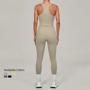 Women's light green high-waist yoga set showing back cutout design and available colors