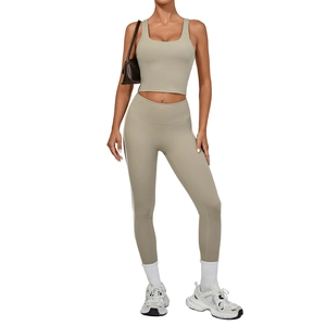 Two-piece yoga set with square neck top and high waist leggings in sage green finish