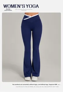 Deep blue flare yoga pants featuring a stylish criss-cross V-waist with contrast white trim