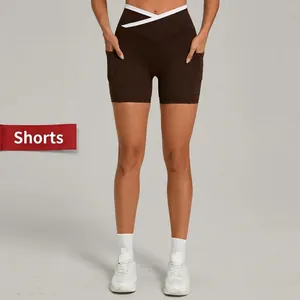 Damen High Waist V-Cross Yoga Shorts Mit Taschen Kontrastbund Bauchkontrolle Workout Laufen Scrunch Butt Gym Shorts