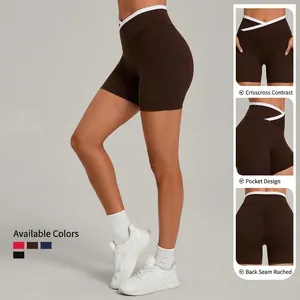 Damen Yoga Shorts mit hohem Kreuzbund, Taschen und Push-up-Effekt in Dunkelbraun