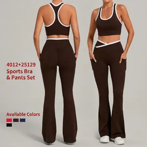 Women Contrast Color Yoga Top And Bottom U-Neck Sleeveless Vest High Waist Flare Leggings Fitness Running Activewear