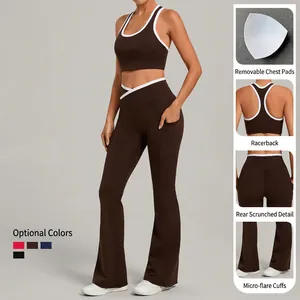 Women's two-piece yoga set with contrast binding U-neck sports bra and flared leggings
