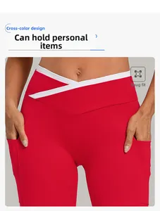 Rote Yoga-Leggings mit V-förmigem Crossover-Bund und funktionellen Seitentaschen im Detail