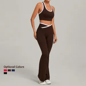 Women's chocolate brown contrast U-neck yoga set with high waist flared leggings