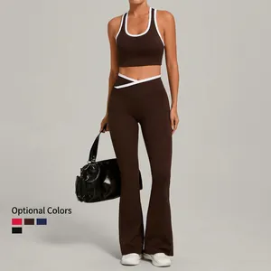 Women's brown two-piece yoga set with U-neck tank top and flared high-waist pants