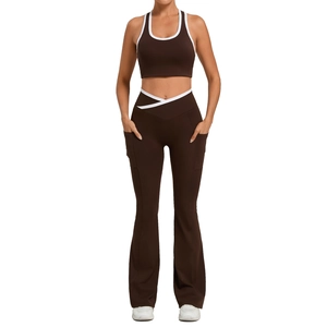 Women's two-piece yoga set with brown U-neck vest and flared pants in contrast trim