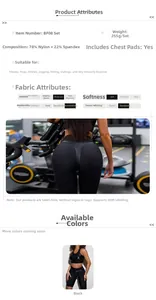 Detail view of black yoga set showing 78% nylon fabric specs and high waist fitness shorts