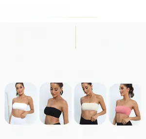 Detail of strapless yoga bras in white black beige and pink with premium fabric specs