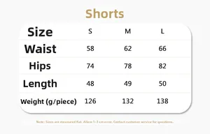 Tableau des tailles détaillé pour shorts de yoga avec mesures de taille, hanches et longueur