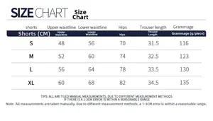 Detailed size chart for high waist yoga shorts showing waist and hip measurements in cm