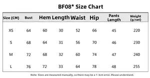 Detailed size chart for women's athletic yoga set showing CM measurements for top and shorts