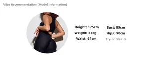 Size chart and model info for black sports bra and mesh patchwork fitness yoga set
