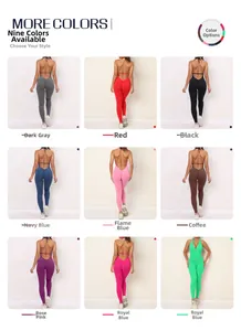 Collage of nine color options for scrunch butt yoga jumpsuits with halter back design