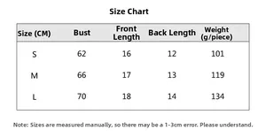 Size chart for yoga sports bra with measurements for chest, length, and weight per piece