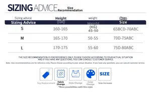 Size chart showing height, weight, and cup recommendations for sports yoga bodysuit