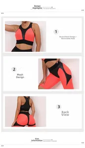 Detailed views of high-stretch sports bra and mesh shorts set in orange and black