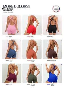 Multiple colors of cross-back yoga rompers shown in a professional nine-grid layout