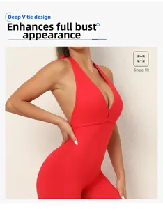 Detail showing deep V-neck halter tie design and snug fit of red yoga jumpsuit