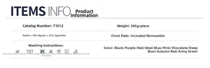 Specification card showing 78% nylon fabric, 22% spandex, and 9 available colors