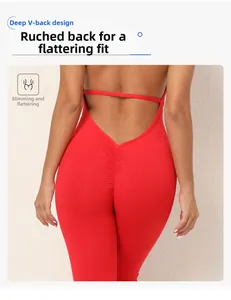 Detail of red backless yoga jumpsuit with V-cut waist and ruched peach butt lifting effect