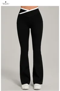 Detail of high-waist flared yoga pants featuring a white crossover V-shape waistband