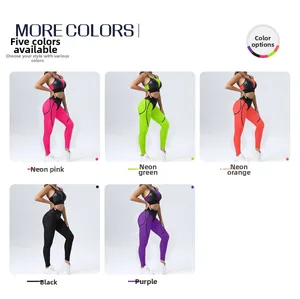 Collage of two-piece yoga sets in five vibrant colors with mesh panels and contouring lines