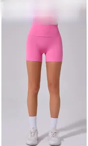 Detailed back view of high waist yoga shorts in cosmos pink with peach lift effect