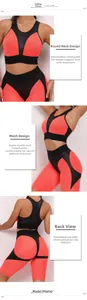 Detail showing the racerback design with breathable mesh and coral red patchwork