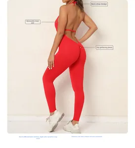 Detail view of red backless yoga jumpsuit with lace-up straps and scrunch butt lifting