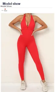 Detail of red backless yoga jumpsuit with deep V-neck and scrunch butt lifting effect