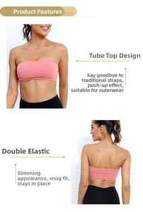 Pink strapless yoga sports bra with double elastic bands and non-slip gathering design