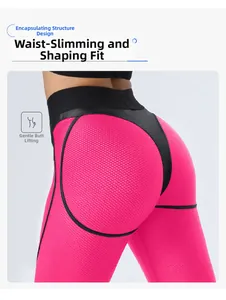 Close-up of high-waist fitness leggings featuring pink and black mesh for butt-lifting effect